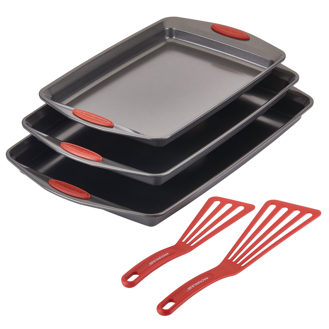 Rachael Ray Nonstick Bakeware Cookie Pan Set, 5-Piece, Gray with Red Silicone Grips Rachael Ray