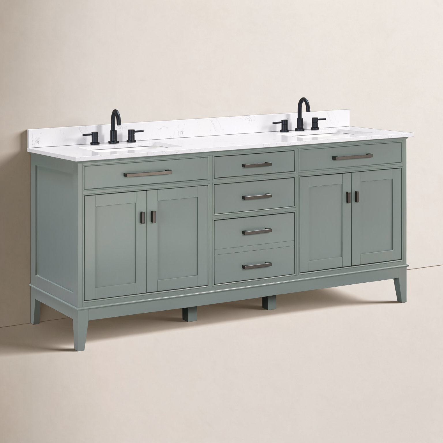 72" Carrara Marble Double Bathroom Vanity, Cala White, Smoke Green
