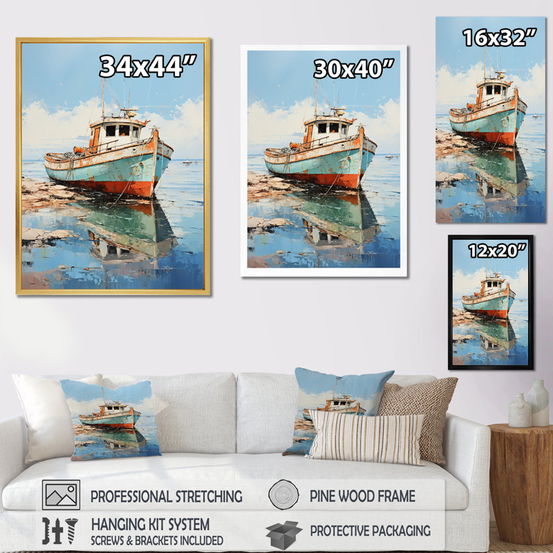 Bateau de pêche au port I - décoration murale bateau, H 44 po x l 34 po x P 1,5 po, Cadre photo noir simple