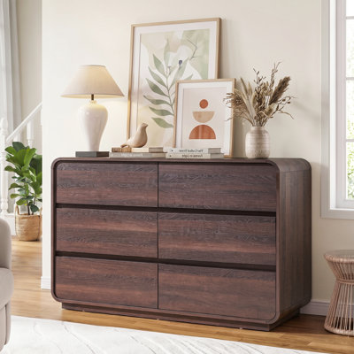 Commode à 6 tiroirs en noyer, commode en bois rustique avec texture naturelle, rangement polyvalent pour la chambre à coucher et le salon