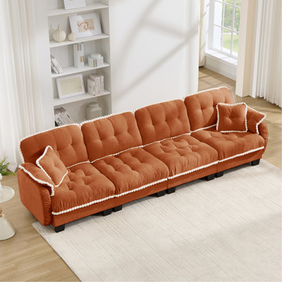 Canapé en chenille à 4 places avec 4 coussins, conception ergonomique et coussins capitonnés à garniture de pompons, canapé à assise profonde facile à assembler