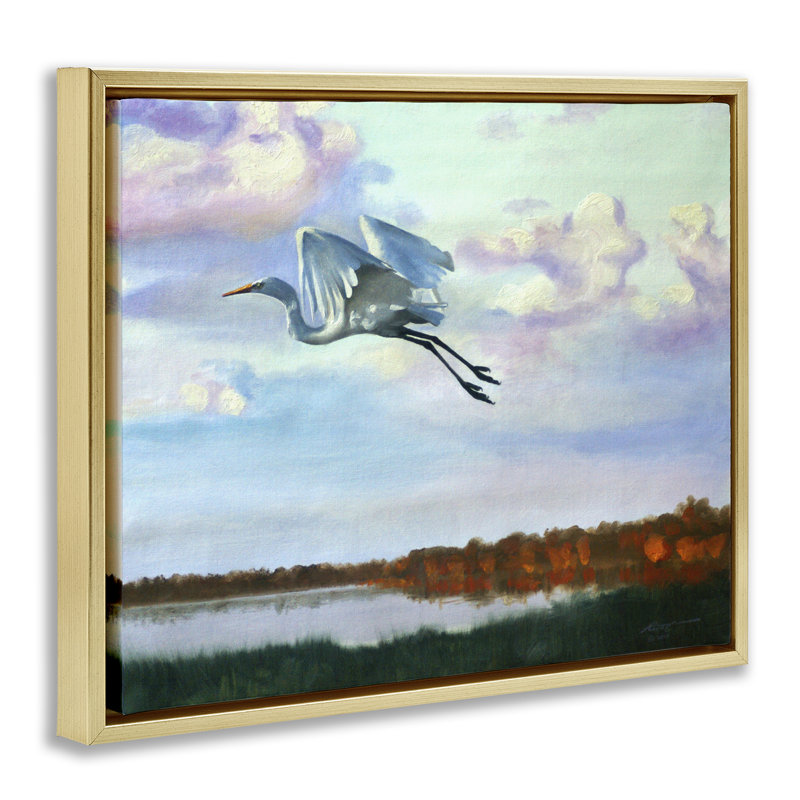 «Egret Over Lake Shore», art mural sur toile par D. Rust, H 25 po x l 31 po, Cadre flottant métallique doré