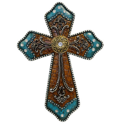 Polyresin Leather Ornate Cross with Turquoise and Gold Flower Accent Hanging Wall Cross Décor