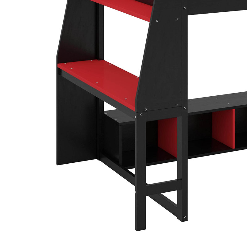 Lit mezzanine double en bois avec bureau, étagères à rangement multiples, DEL et portemanteau suspendu, Noir