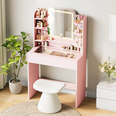 Petite table de coiffeuse avec plateau en verre trempé, miroir à 3 couleurs DEL et tiroir intelligent RVB, application et télécommande, mode pulsation musicale de plus de 6 000 couleurs