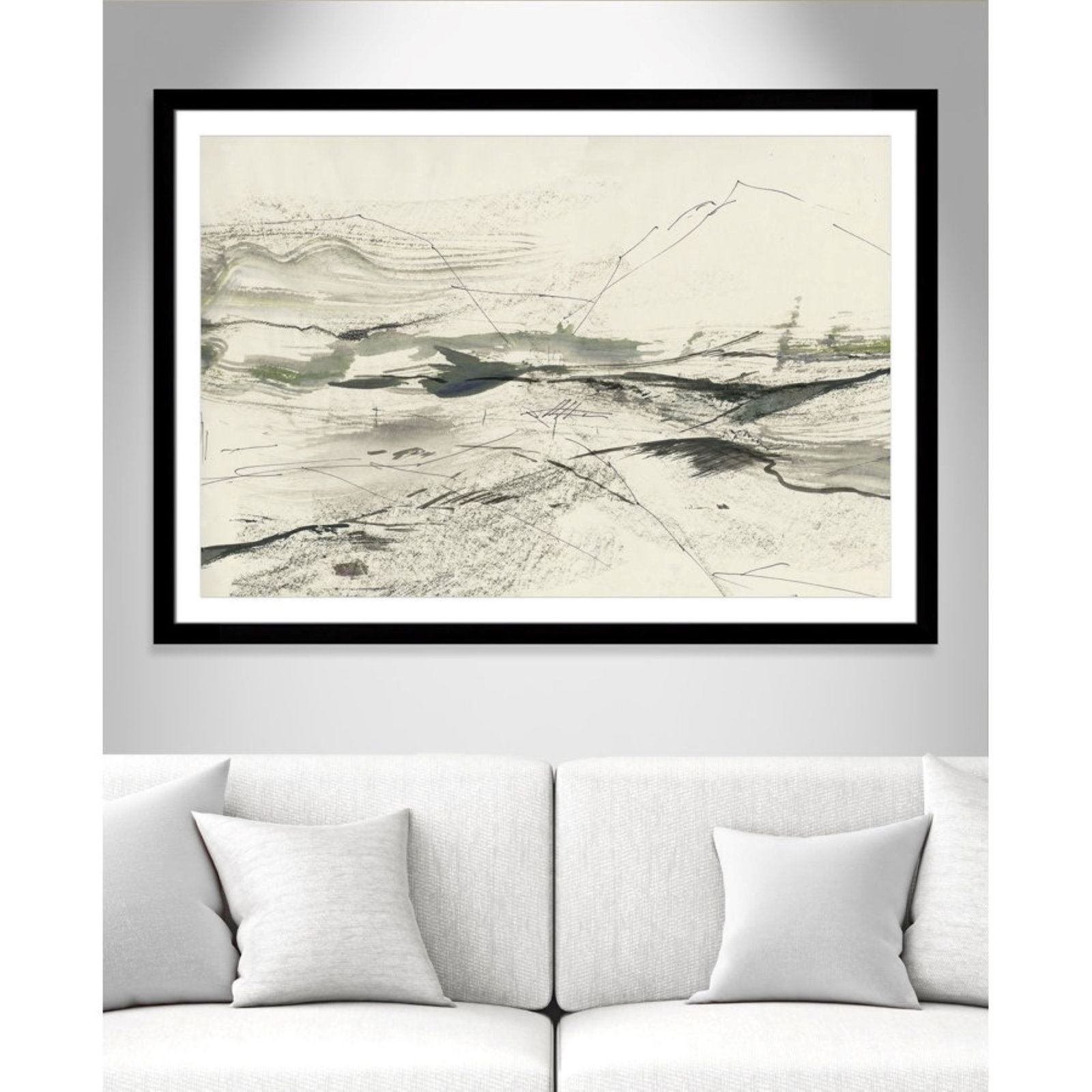 Green Sketches Print by PI Studio, 39" H x 55" W x 1.25" D, Black Cube Picture Framed, White