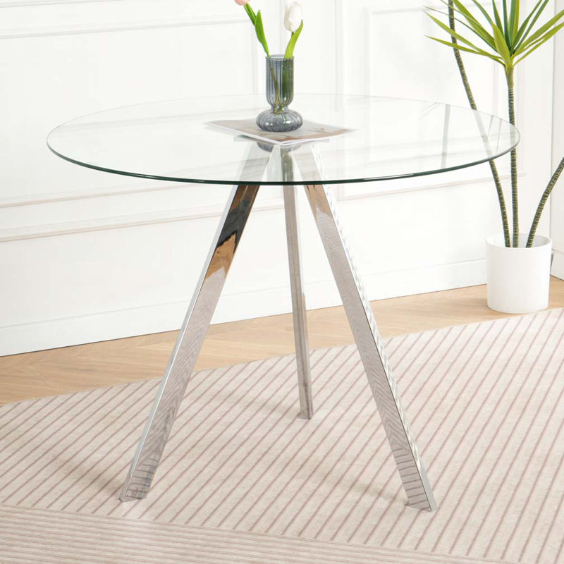 Modern Minimalist Round Glass Dining Table, H 29,5 po x L 39,2 po x l 39,2 po, Argent argent