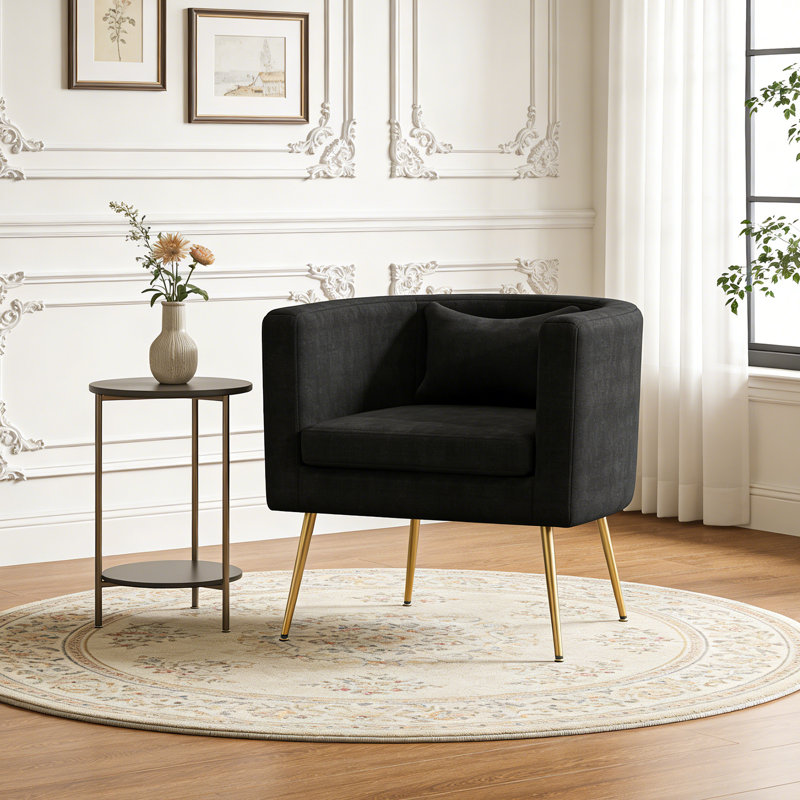 Upholstered Velvet Barrel Chair with Metal Legs, Black
