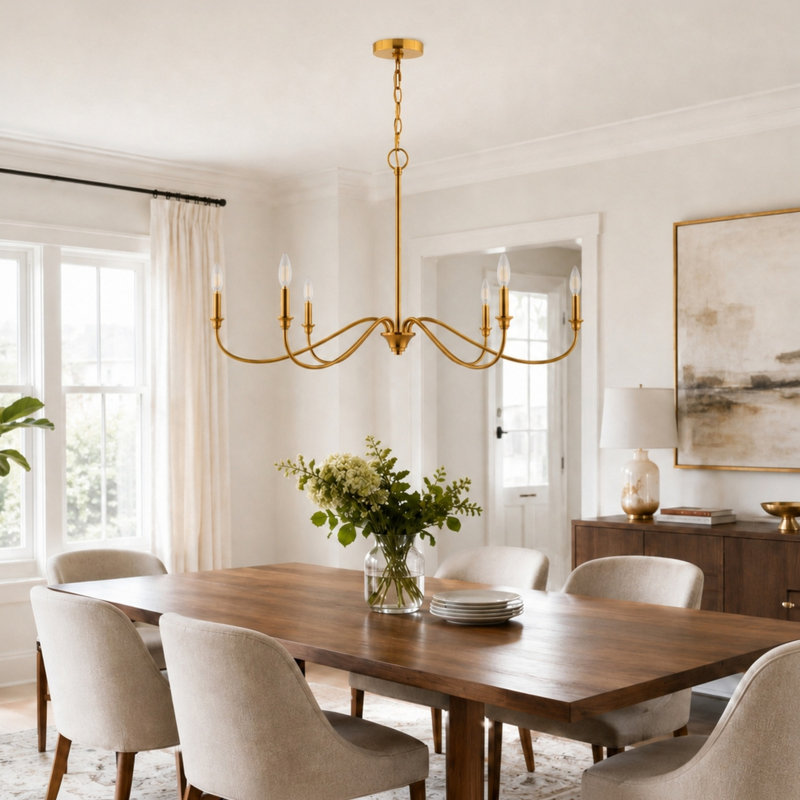 Steel Chandelier, H 18,75 po x l 36 po x P 36 po, Laiton pâle, Six lumières
