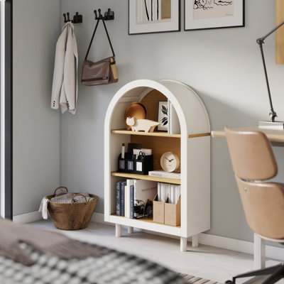 Petite bibliothèque arquée, armoire de rangement arquée, bibliothèque supérieure arquée en bois avec 3 tablettes avec tablettes en grain de bois, étagère de rangement à 3 niveaux pour le salon, la chambre à coucher, le vestibule