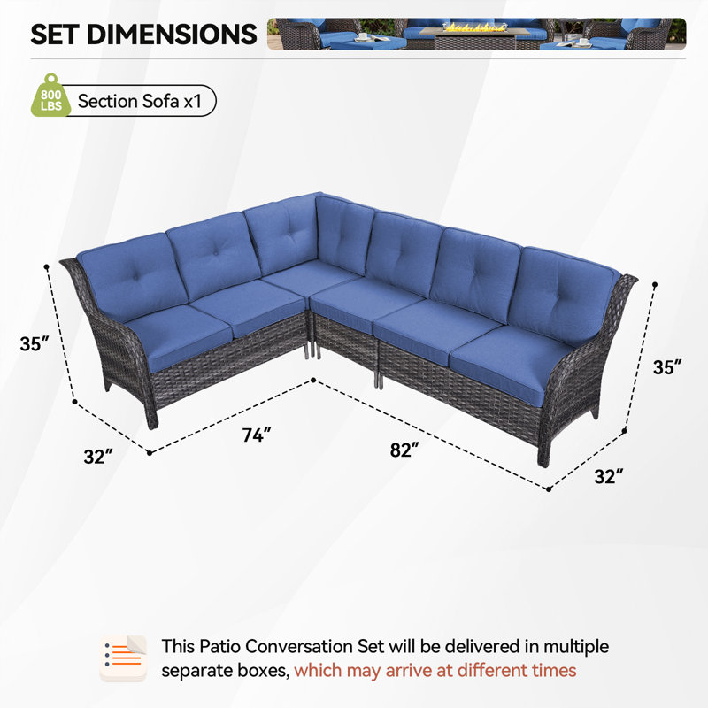 Carolina Outdoor Wicker Patio Sectional with Cushions, Blue, Gray