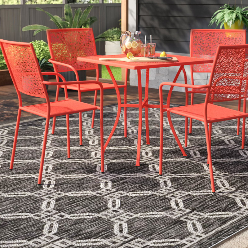 Meranda Commercial Grade 28" Square Indoor-Outdoor Steel Patio Table Set with 4 Square Back Chairs, Coral