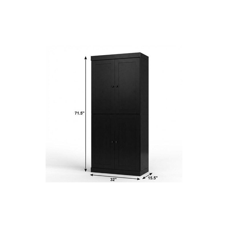 Armoire de rangement 72 po à quatre portes et deux tiroirs en bois massif noir 72 po