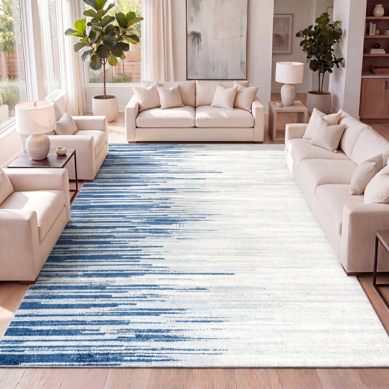 Yerkes Linear Modern Half-Stripe Blue/Cream Rug, Rectangle 5'3" x 7'6"