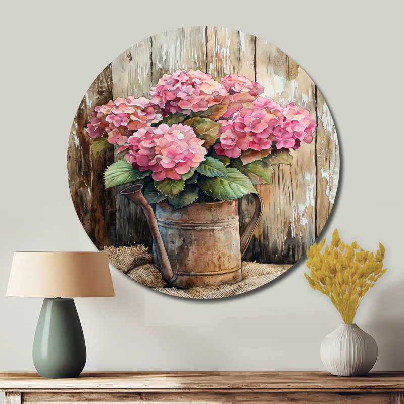 Bouquet d'hortensias rustique à la grange II - hydrangées, art mural rond en métal, H 36 po x l 36 po