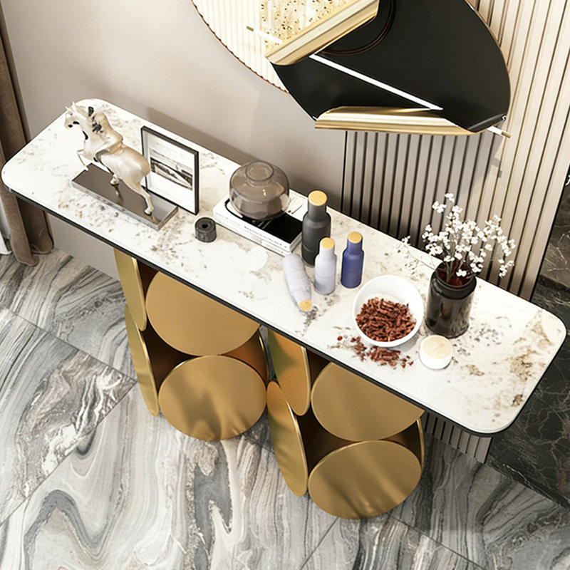 Console de style italien simple et luxueuse, H 33,5 po x l 55,1 po x P 13,8 po, Blanc, Doré