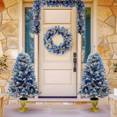 Ensemble de 4 pièces d'arbre de Noël artificiel pré-éclairé, guirlande, couronne et ensemble de 2 arbres de Noël d'entrée avec lumières DEL, arbre de Noël