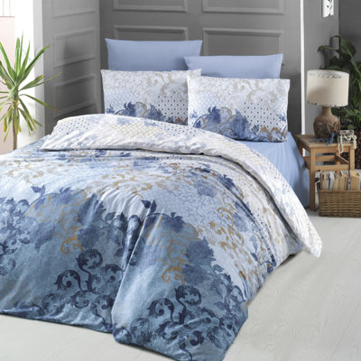 Luxurious Satin Quilt Cover Set - 100% Cotton, Blue/White/Brown | Duvet Cover 53.1 x 78.7 inches & Pillowcase 31.5 x 31.5 inches | 210 Thread Count, Machine Washable, Elegant Design with Button Closure, Soft & Comfortable