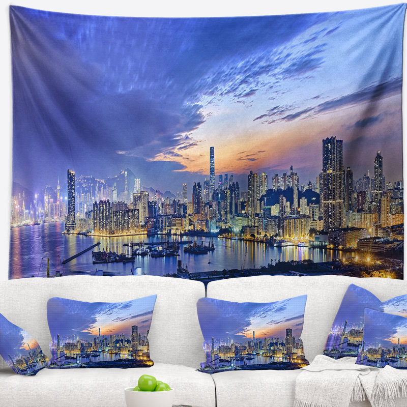 Tapisserie panoramique de paysage urbain de la ville de Hong-kong, H 32 po x l 39 po