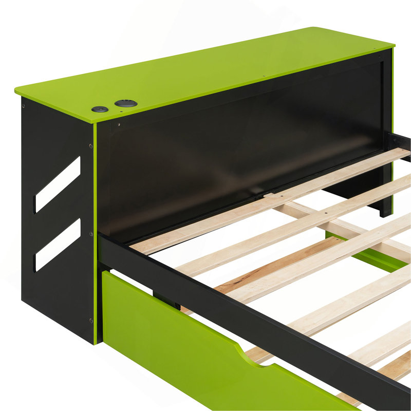 Lit de jour en bois avec couchette, bureau et port USB, Vert