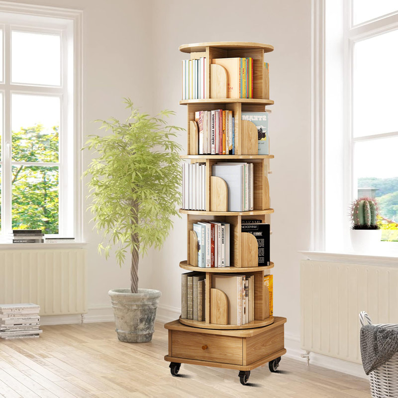 Tall 360° Rotating storage bookcase Bookshelf with Drawer and Locking Wheels for Living Room or Study, Wood