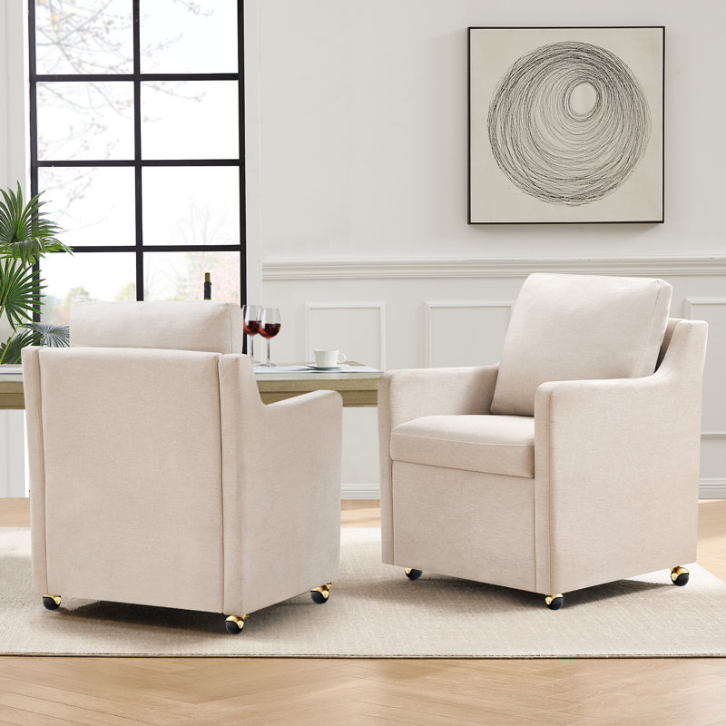 27" Wide Country Farmhouse Linen Upholstered ?Fabric Dining Chair With Casters(Set Of 2), Beige