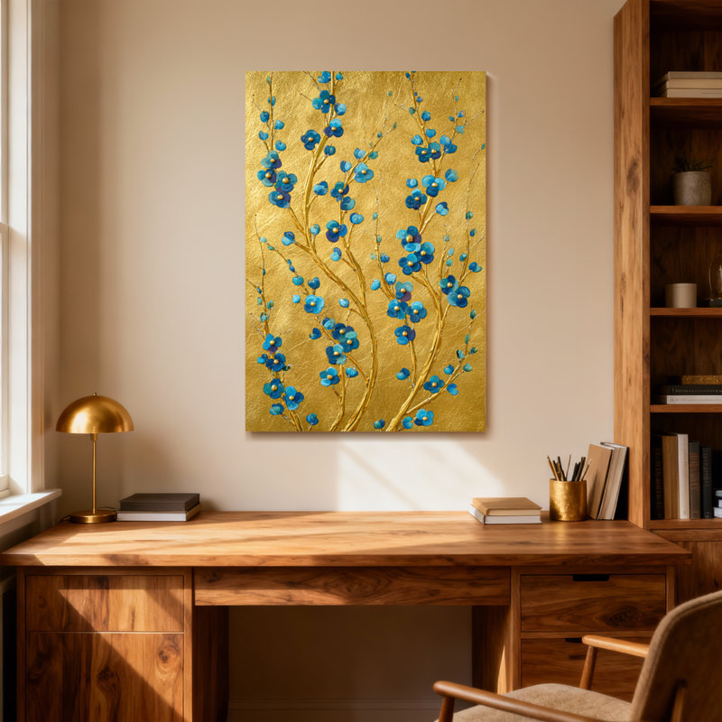Plantes et fleurs fleurs bleues sur fond doré, H 36 po x l 24 po