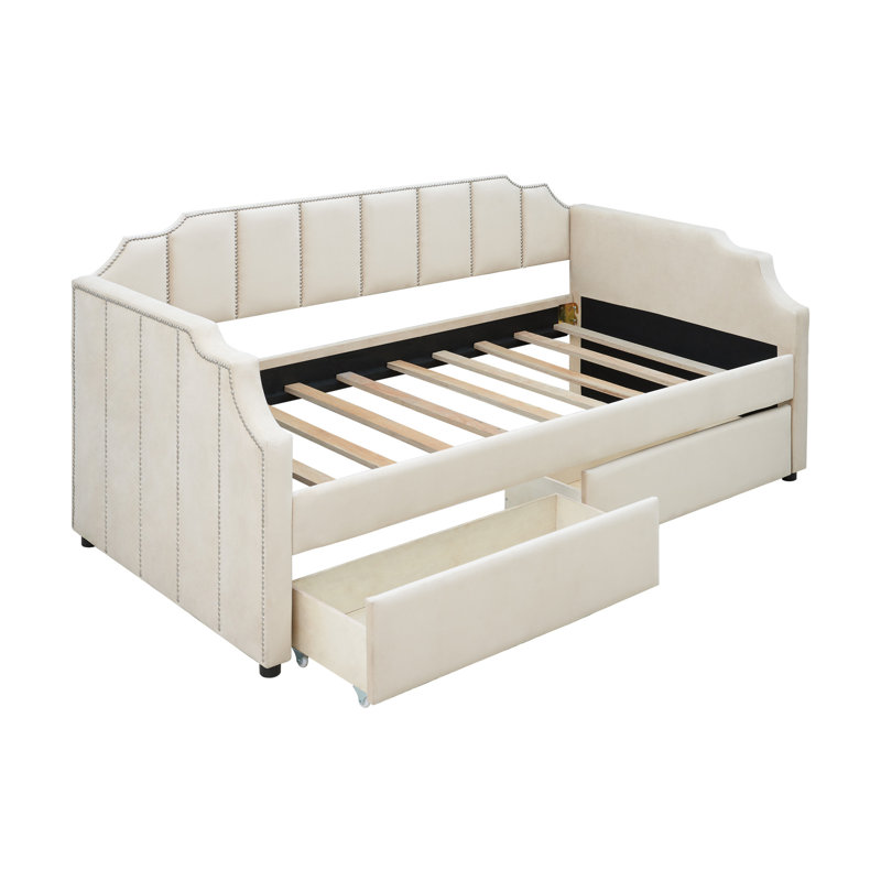 Lit de jour simple tapissier avec tiroirs, support à lattes Ileah, Beige
