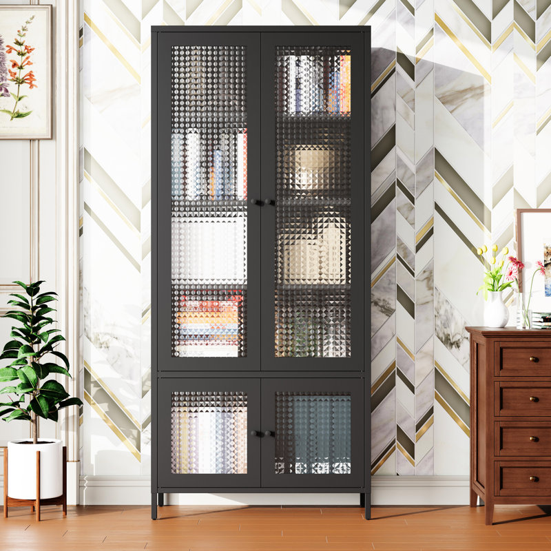 5 Shelves Metal Cabinet With 4 Glass Doors For Office, Bedroom, Living Room - Black Finish Display And Pantry Waffle-Grids Tempered