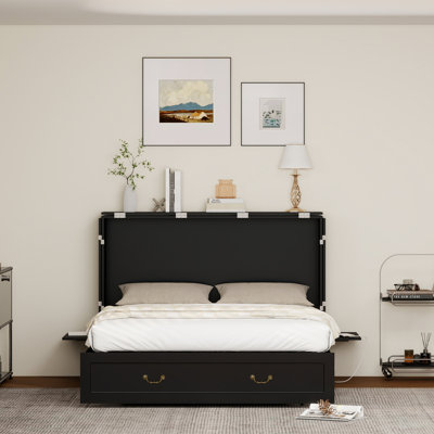 Queen Murphy Bed with Charging Station Cabinet - Space Saving Wall Bed for Guest Room, Study, Apartment with Built In USB Ports ( Not Included Mattress) Black