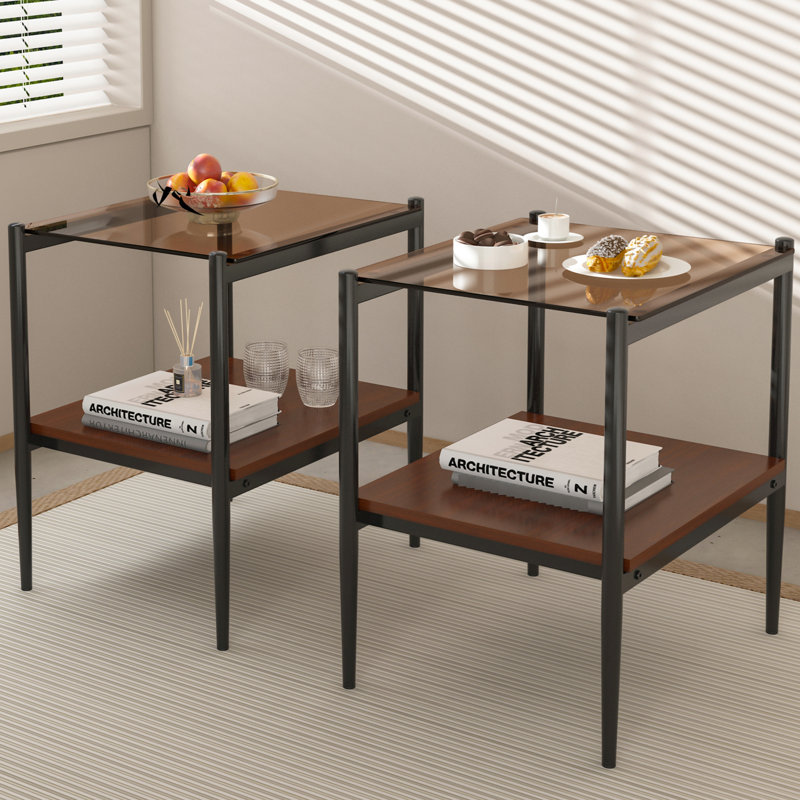 2 tables d'appoint rectangulaires en verre trempé - brun, pour intérieur, 48,5 cm x 40 cm x 53,7 cm, capacité de charge de 50 kg, 2 pièces, plateau moderne pour salon, 40 cm l x 48,5 cm l x 53,7 cm h, 50 kg
