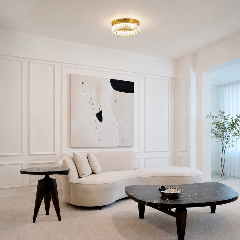Modern LED Round Crystal Flush Mount , 4.37" H x 13.75" W x 13.75" D, Brass