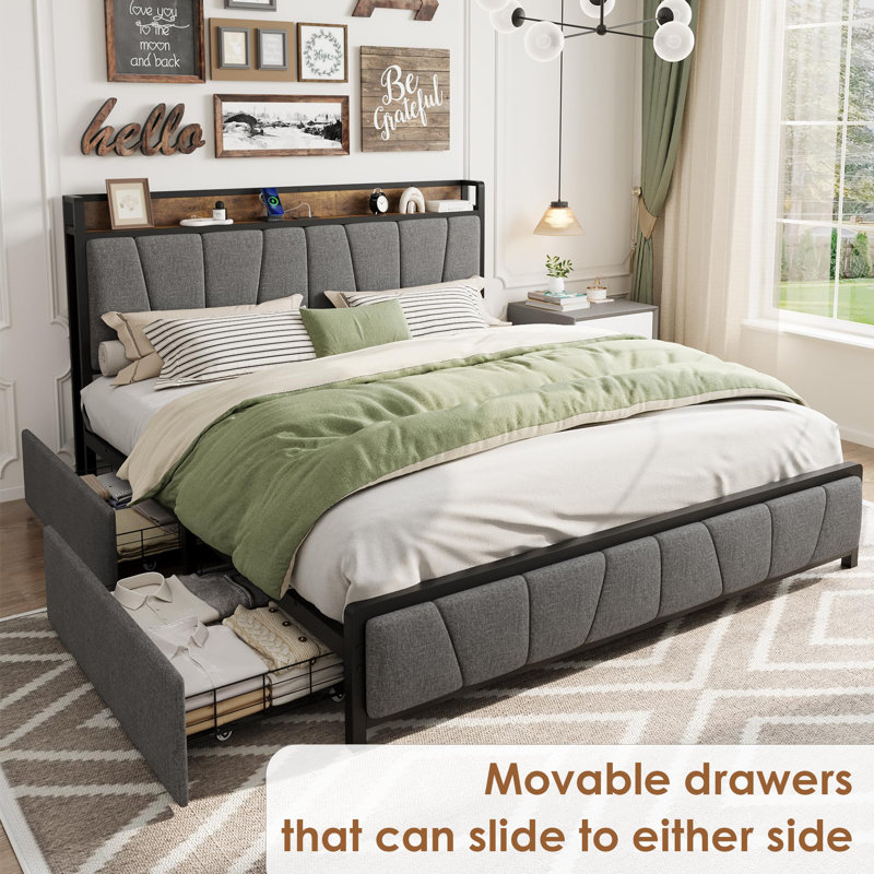 King Linen Upholstered Bed Frame with Storage Headboard, Charging Station & 2 Drawers, No Box Spring Needed, King