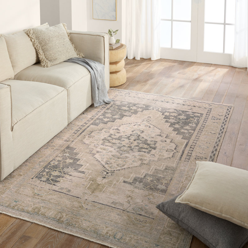 Vibe by Bungalow Rose Pasain Medallion Machine Washable Navy/Light Green Area Rug, Rectangle 4' x 6'