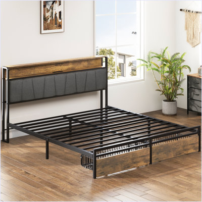 Bed Frame Upholstered Platform Bed Frame With Storage Drawers, USB Ports, LED Lights, Upholstered Wingback Headboard