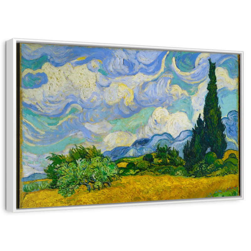 Champ de blé avec cyprès, Cadre flottant blanc, 43 po x 29 po