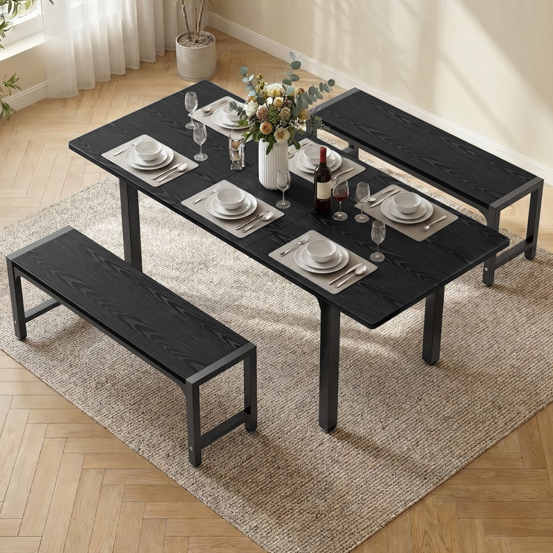 63" Modern 3-Piece Extendable Dining Table Set with Smart-Flip Leaf and 2 Benches, Space-Saving Kitchen Table Set Seats 4-6 for Apartment and Dining Room