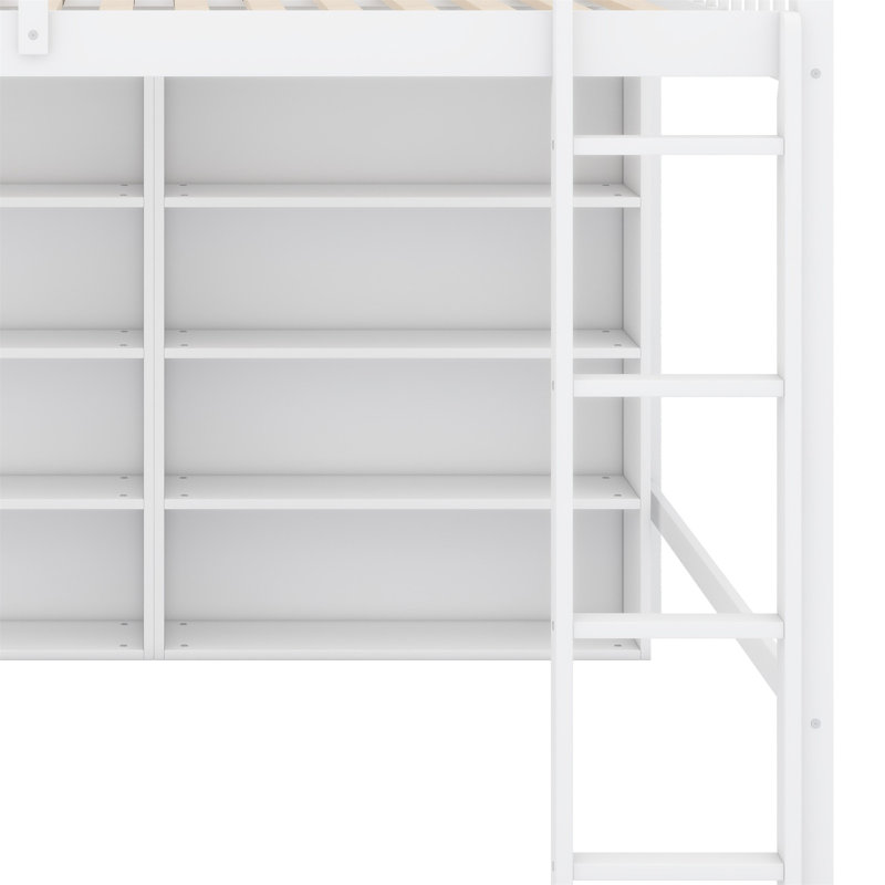Lit mezzanine avec 8 tablettes de rangement ouvertes et échelle intégrée, Blanc