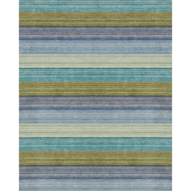 Brushstroke Striped Handmade Tufted Wool Dark Blue/Yellow Area Rug, Rectangle 8' x 10'