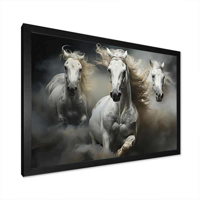 «White Beige Horse Equine Harmony», reproduction d'art sur toile encadrée, Cadre simple noir, H 16 po x l 32 po x P 1 po