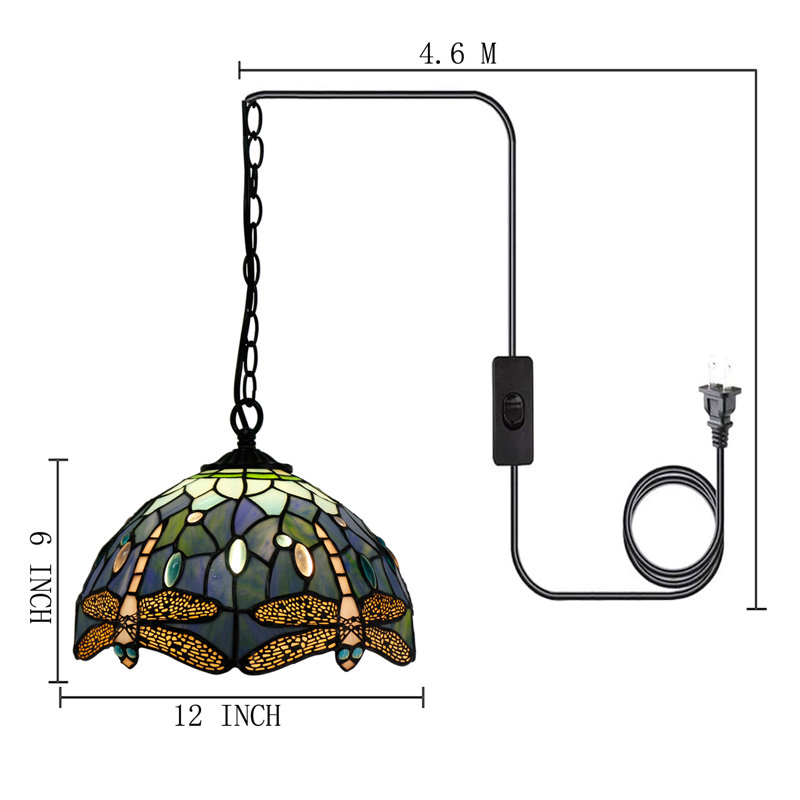 Tiffany Pendant Light Plug in Stained Glass Hanging Lamp Wide 12 Inch, Chain 33 Inch, Cord 15 Feet -Sea Blue Dragonfly
