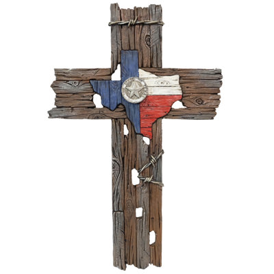 Polyresin Distressed Wood Cross with Texas & Barbwire Accent Hanging Wall Cross Décor