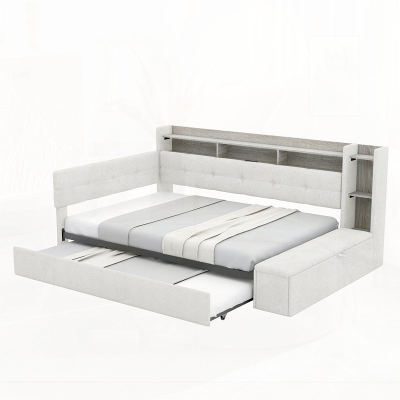Lit de jour rembourré avec repose-pieds et tablettes avec couchette, charge USB et lumière DEL, Full, Beige