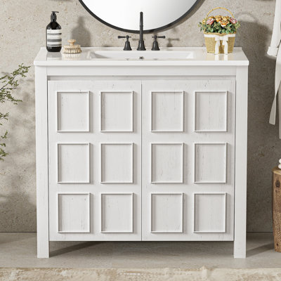 Organisateur de meuble-lavabo 36 po avec lavabo en céramique, ensemble armoire de rangement pour salle de bain, blanc antique