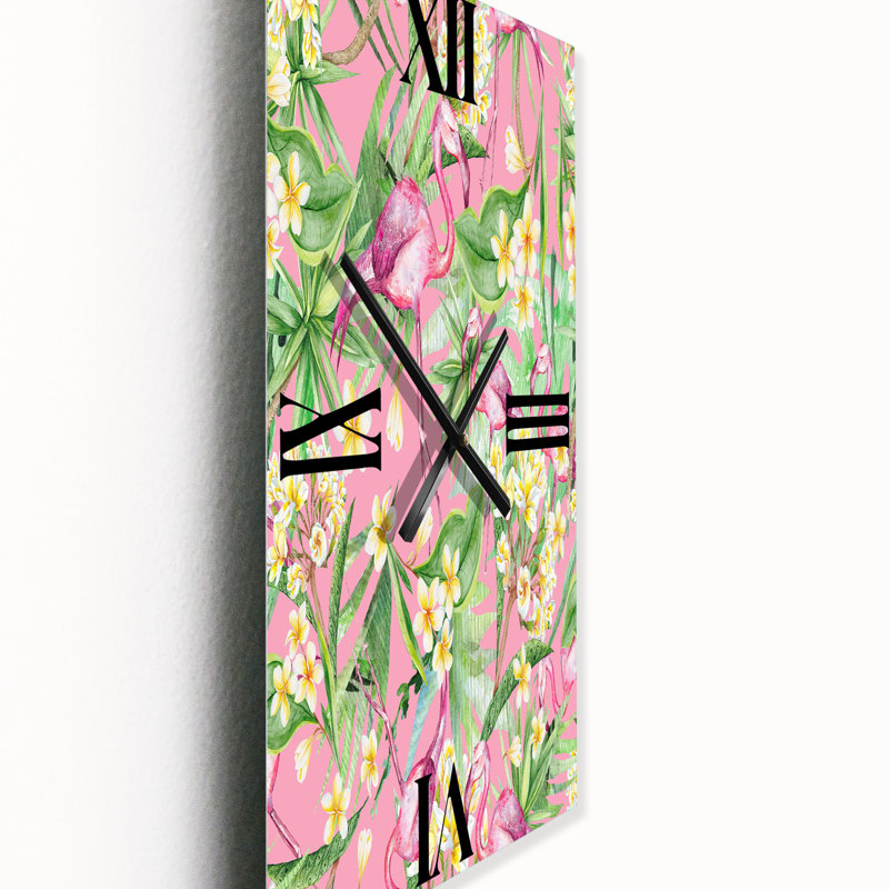 Horloge murale feuillage tropical avec fleurs et flamant III, Grand