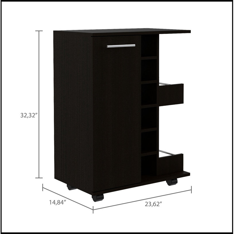 Bartlet 2-Shelf 6-Bottle Bar Cart with Enclosed Cabinet and Lockable Casters, Perfect for Home Entertainment and Storage