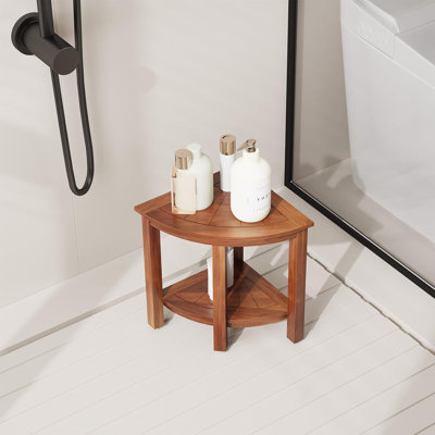 16.8" Teak Waterproof Corner Shower Stool with Storage Cabinet, Compact Shower Bench & Foot Rest for Shaving, Small Bathroom Seat