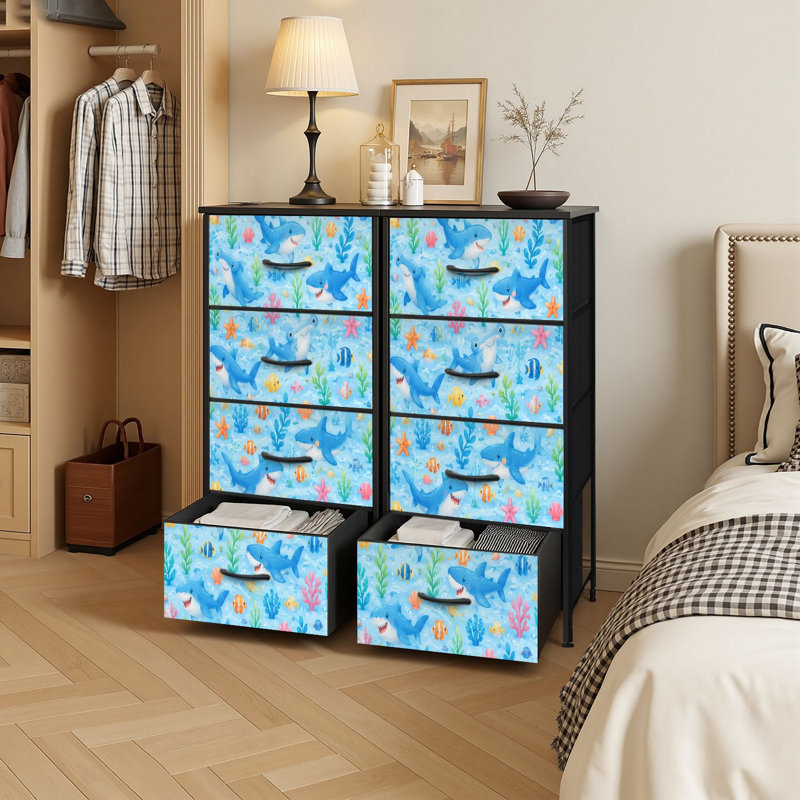 Commode de rangement verticale à 4 tiroirs avec requins mignons sous l'eau avec tiroirs en bois