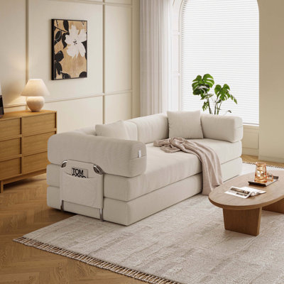   5-in-1 Convertible Sofa Bed - No Assembly Required, 78.7" Beige Oversized Sleeper Sofa, FrameLess Boneless Couch & Removable Washable Corduroy Covers, Includes 2 Pillows, white