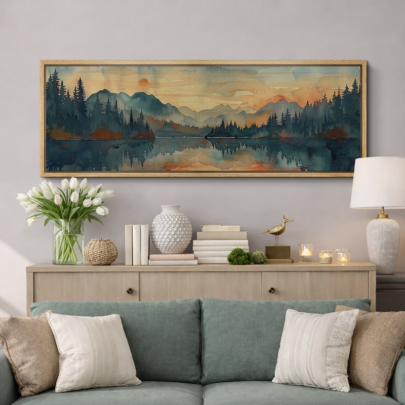 «Abstract Landscape», orange, vert, paisible, lac, forêt, très grande œuvre d'art, photo murale encadrée, H 20 po x l 60 po